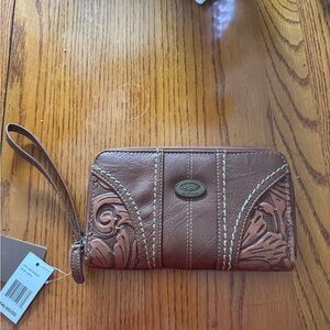 NWT Born Concept Brown Leather Clutch with Intricate Stitching
